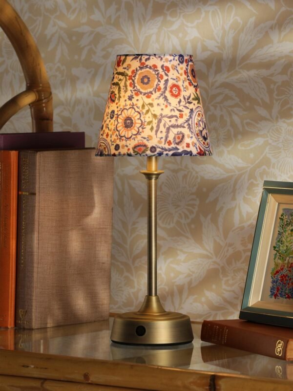 Apsley Matt Antique Brass Rechargeable LED Table Lamp With Multi Coloured Shade
