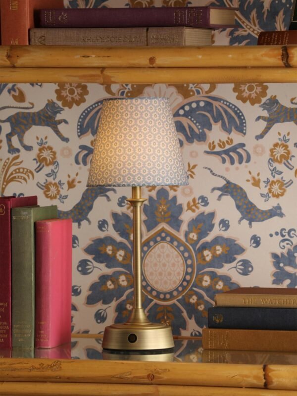 Apsley Matt Antique Brass Rechargeable LED Table Lamp With Blue Shade
