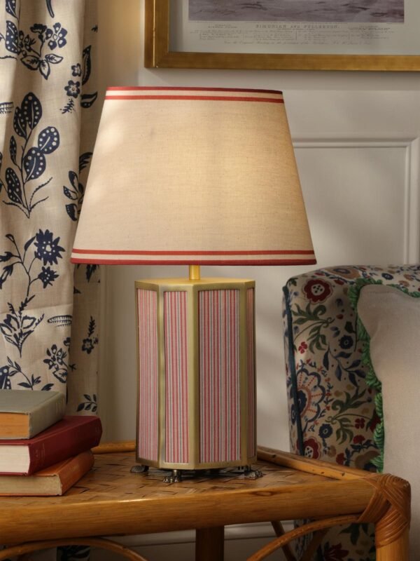 Helmingham Matt Antique Brass Table Lamp With Red & Beige Shade